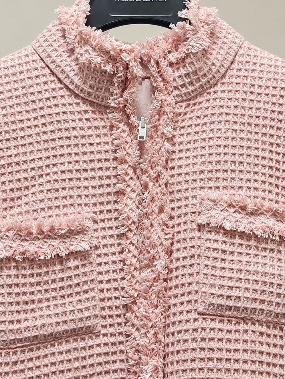 Pink Textured Tweed Shift Dress Fringe Trim Zip Front Size XL Lady Jacket - Picture 7 of 15